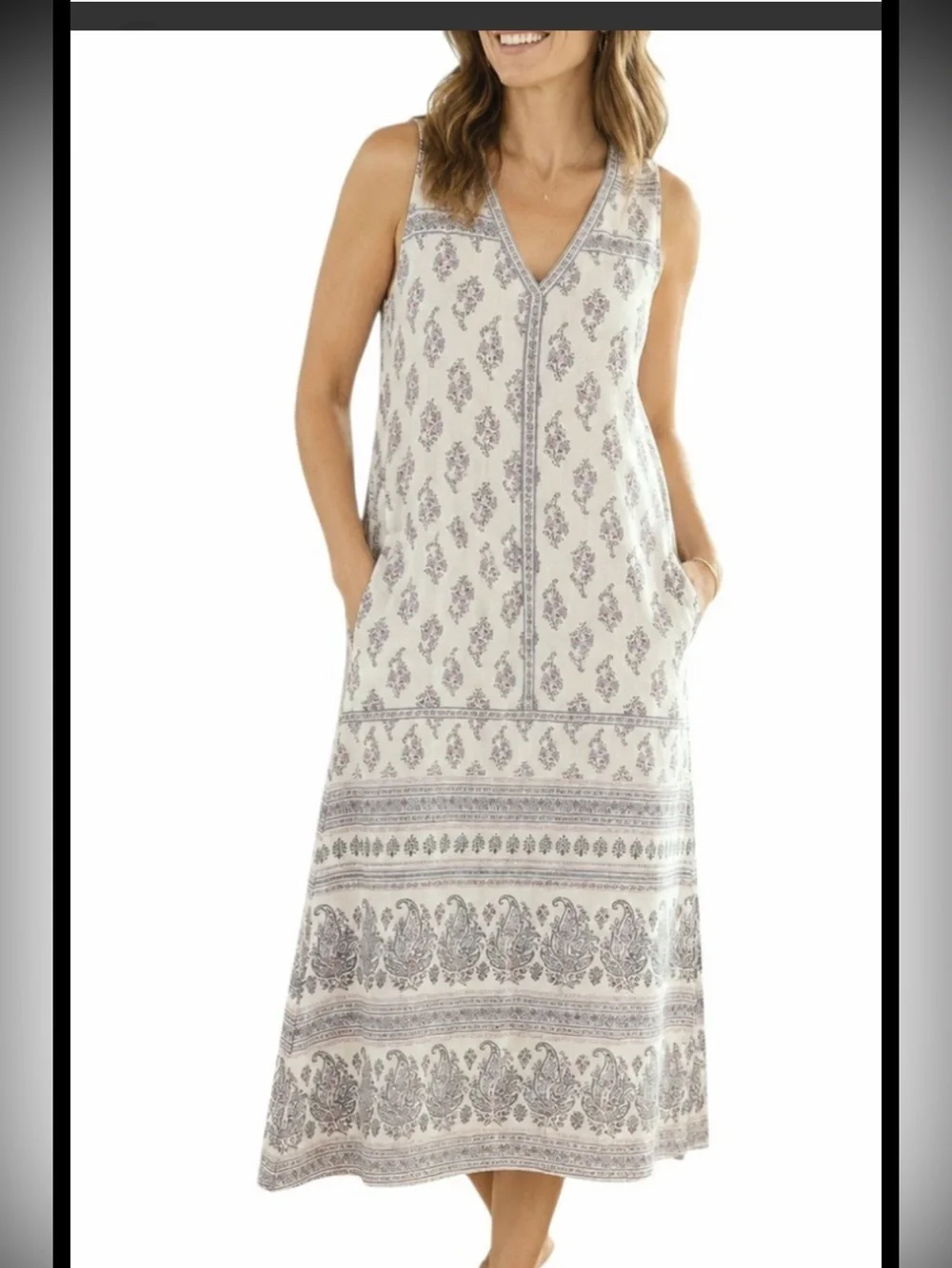 Pure Jill linen size L Sleeveless Paisley Beach Dress in Light Gray